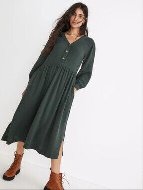 Madewell Lightspun Button Front Midi Dress Cotton Dark Palm Green Size 00